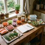 Kitchen table arranged with fresh ingredients, herbs, containers, and meal plan notebook